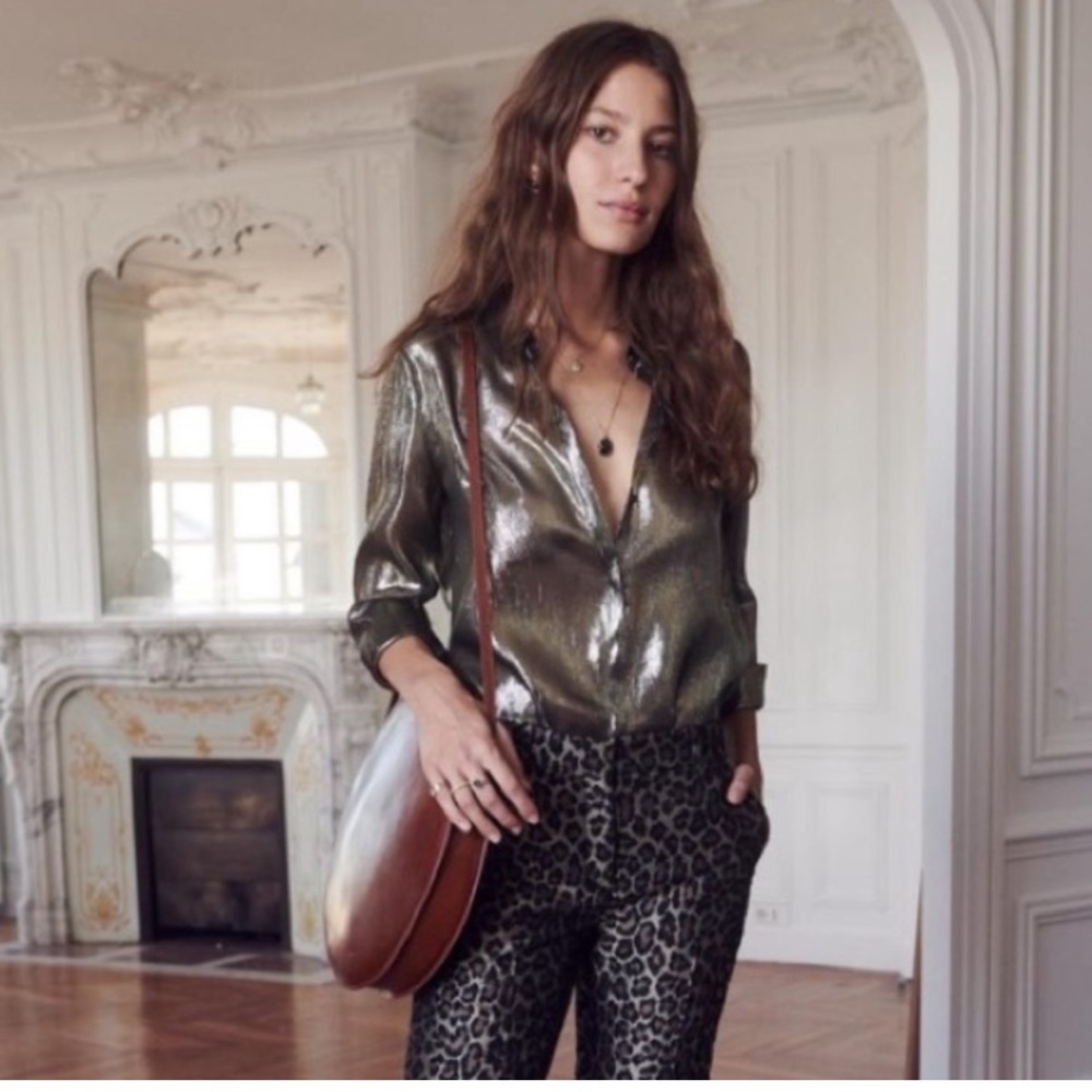 Sezane perrine chemise Metallic Gold silk Button-Up Shirt
